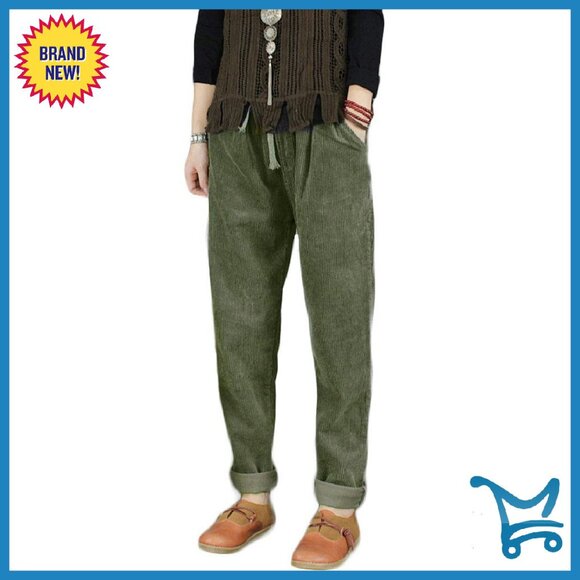 Corduroy Pants Elastic Waist Drawstring Casual Comfortable Trousers